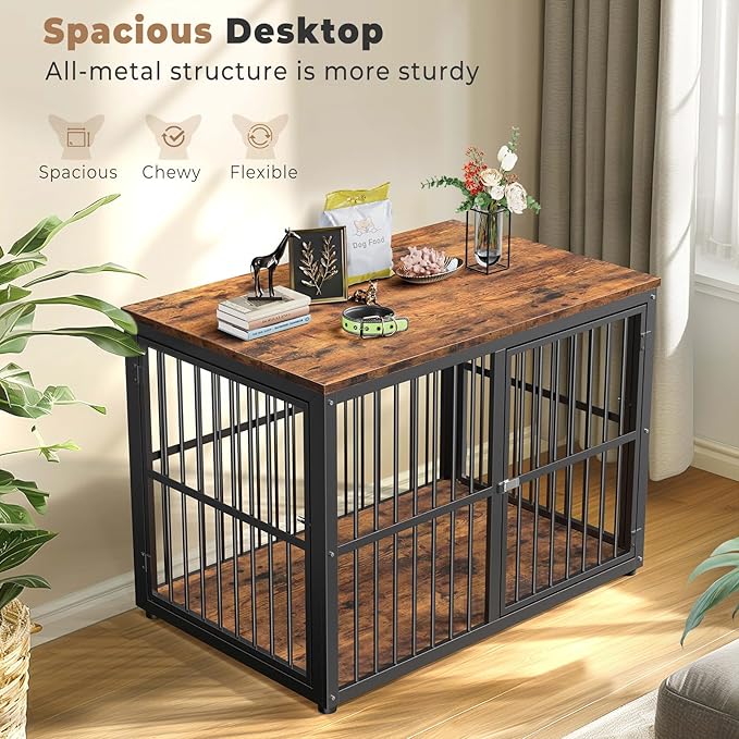 Lyromix 43'' Dog Crate Furniture with 3 Doors, XL Wooden Crate End Table Heavy Duty Indoor Puppy Cage for Medium to Large Dogs, Multiple Units Can be Combined