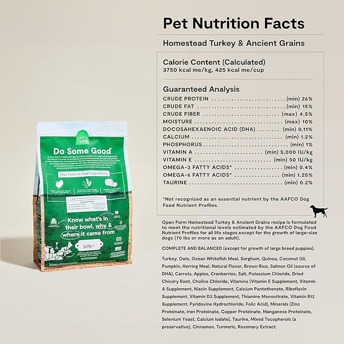 Open Farm, Ancient Grains Dry Dog Food, Protein-Rich & Nutrient Dense, 90% Animal Protein Mixed with Non-GMO Fruits, Veggies and Superfoods, Homestead Turkey Recipe, 11lb Bag