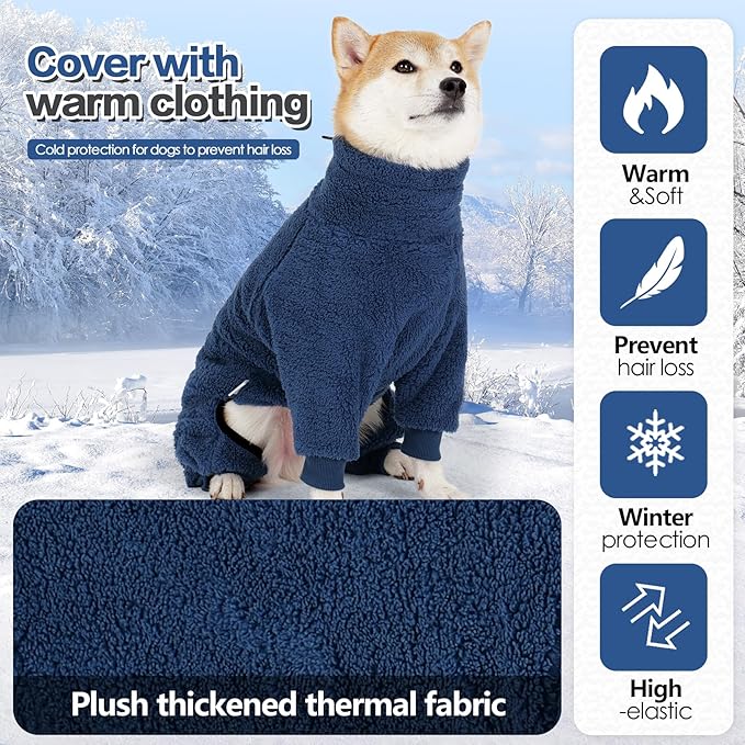 Winter Coat - Warm Fleece Dog Jacket, Windproof Pullover Jumpsuit, Full Body Pajamas Onesie for Medium Large Dogs (Small, Navy Blue)