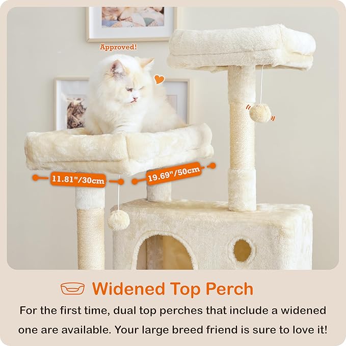 Ouritsu Cat Tree, 57 inch Cat Tower for Large Cat Indoor, 2 Top Perches with 1 Widened, 2 Condos with 1 Enlarged, Steel Frame Hammock, Scratching Posts and Scratching Pad, Beige, LF003WH