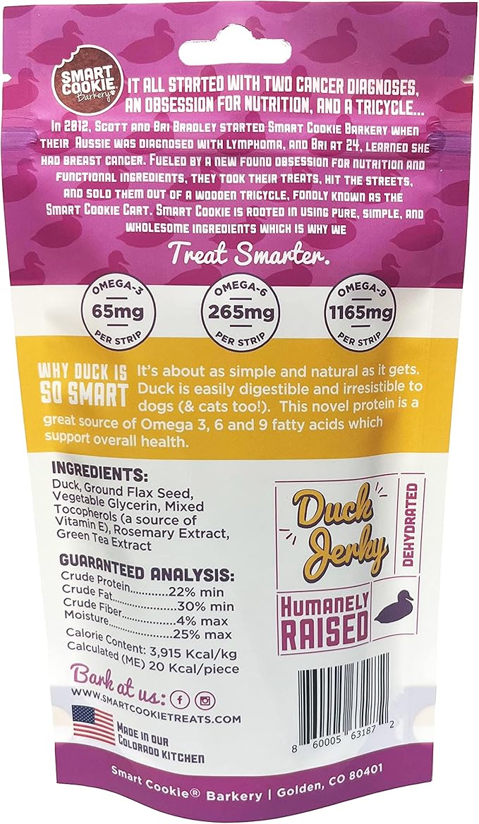 Smart Cookie Duck Jerky Dog Treats with Flax Seed, Omega Oils- Hypoallergenic Strips for Dogs and Puppies with Allergies, Sensitive Stomachs - Dehydrated, Grain Free, Made in USA - 3oz Bag, Pack of 3