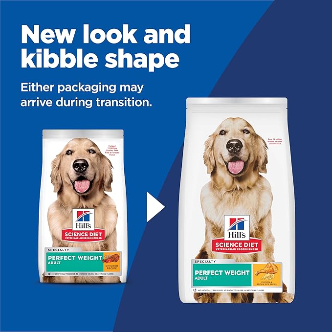 Hill's Science Diet Perfect Weight, Adult 1-6, Weight Management Support, Dry Dog Food, Chicken & Brown Rice, 12 lb. Bag