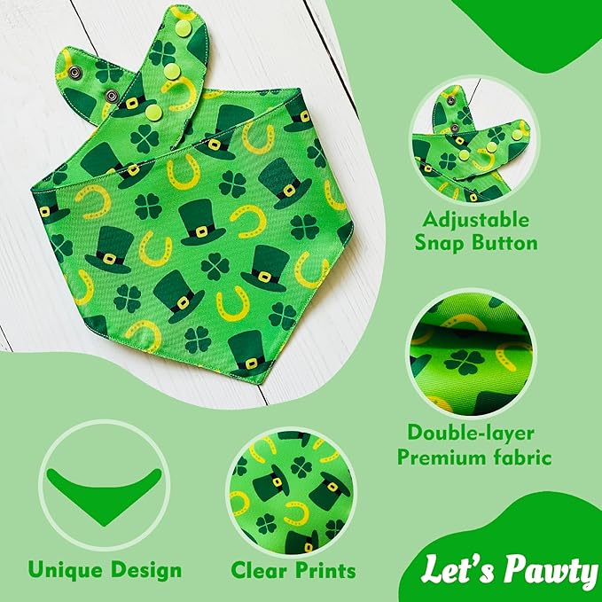 St. Patrick's Day Dog Bandanas with Snap Button, 2 Pack Reversible Shamrock Dog Scarf for Boy & Girl, Premium Durable Fabric, Gift for Dogs, Holiday Bandana for Small Dogs (Small)