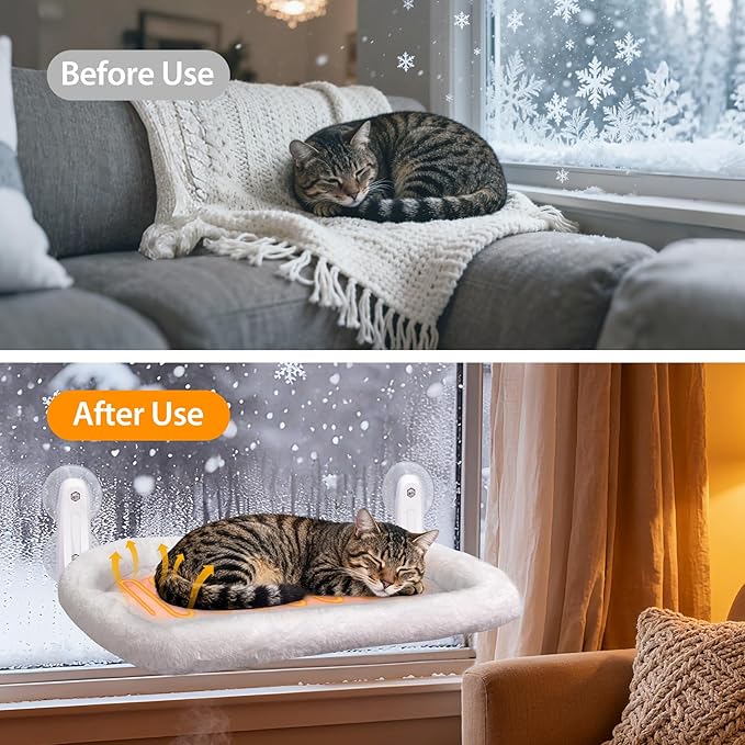 L&W BROS. 2PC Heated Cat Window Perch Adjustable Thermostat & Timer, Dual Window Hammocks with 8 Strong Suction Cups, Easy-to-Clean Warm Beds for Multi Cats Homes, Holds Up to 50lbs Each (M 2PC)