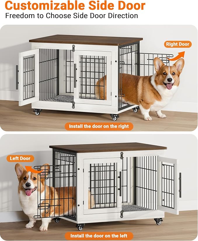 Dog Crate Furniture with Cushion Set of 2, Wooden Dog Kennel Indoor with Double Doors, Dog Cage with Wheels, Dog House Side End Table for Small Medium Dogs up to 45 lb, 32.5" L, White