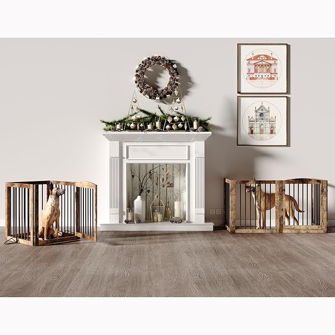 Vantas Folding Pet Gate 96" Wide, 30" Tall No-Assembly Wooden Dog Gate with Door Walk Through, Freestanding Pet Gate, Puppy Safety Fence, with 2PCS Support - Rustic Brown