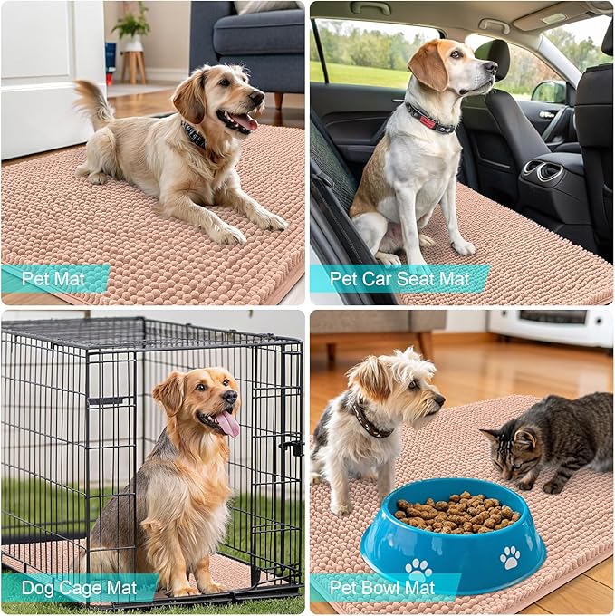 OLANLY Dog Door Mat for Muddy Paws 70x35, Absorbs Moisture and Dirt, Absorbent Non-Slip Washable Doormat, Quick Dry Chenille Mud Mat for Dogs, Entry Indoor Entryway Carpet for Inside Floor, Peach