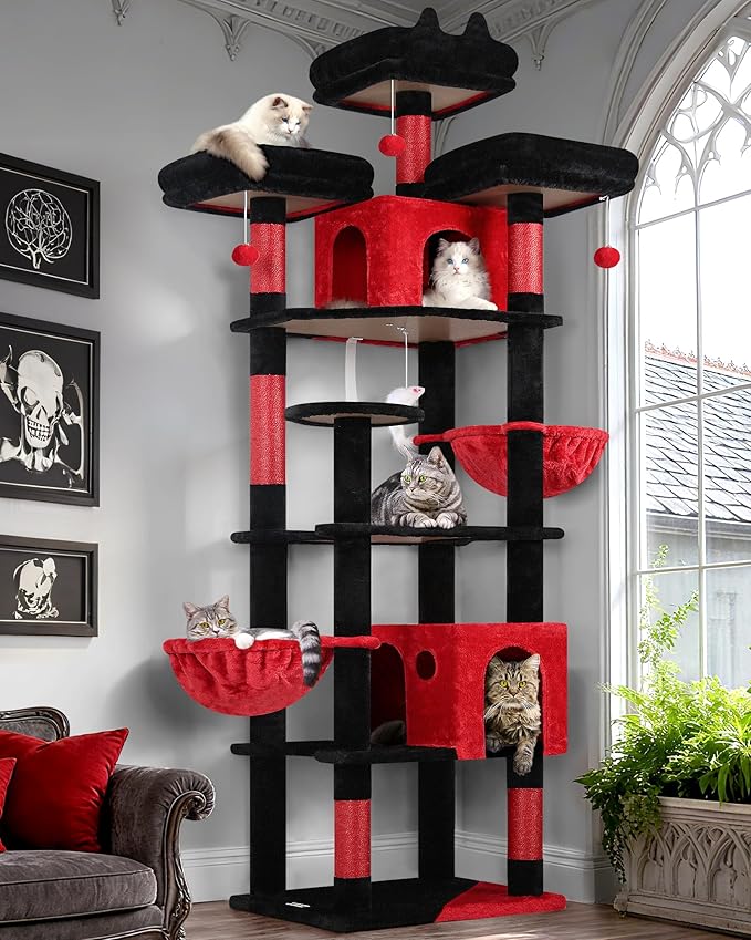 Globlazer Gothic Cat Trees and Towers for Multiple Adult Cats, 82-inch XXL Tall Goth Cat Tree Tower for Indoor Cats with Scratching Post, 3 Perches, 2 Condos, 2 Hanging Baskets, F82, Black Red