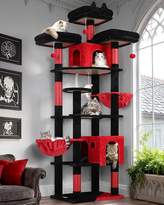 Globlazer Gothic Cat Trees and Towers for Multiple Adult Cats, 82-inch XXL Tall Goth Cat Tree Tower for Indoor Cats with Scratching Post, 3 Perches, 2 Condos, 2 Hanging Baskets, F82, Black Red