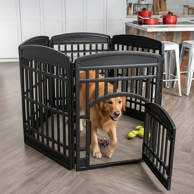 IRIS USA 34" 6-Panel Dog Playpen with Door, 44 x 63 x 34, Puppy Fence, Puppy Playpen, Dog Play Pen Indoors, Pet Fence, Puppies/Small Dogs, Black