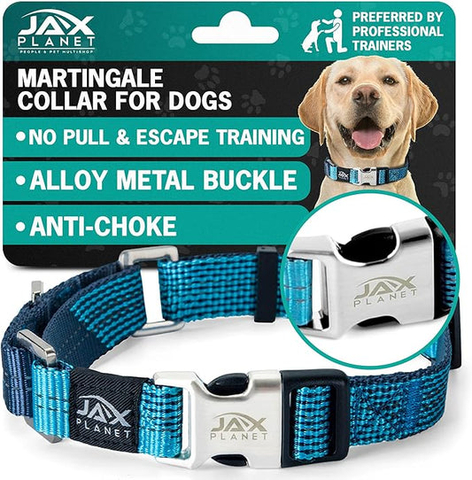 Blue Martingale Collar for Dogs - Heavy Duty Nylon Pet Collars for Escape-Free, No Pull Training & Walking with Alloy Metal Release Buckle & Reflective D Ring, One Time Adjustment, Safe & Secure, S