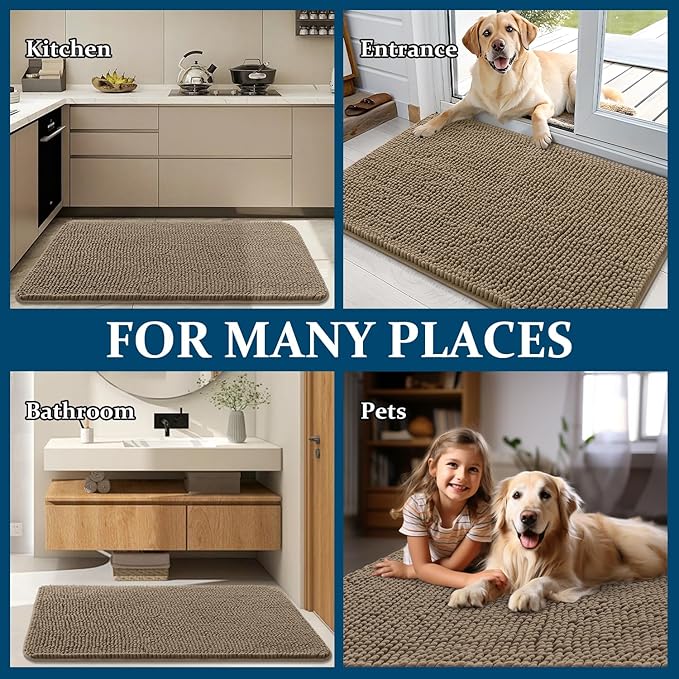 OLANLY Dog Door Mat for Muddy Paws 47x20, Absorbs Moisture and Dirt, Absorbent Non-Slip Washable Doormat, Quick Dry Chenille Mud Mat for Dogs, Entry Indoor Entryway Carpet for Inside Floor, Tan