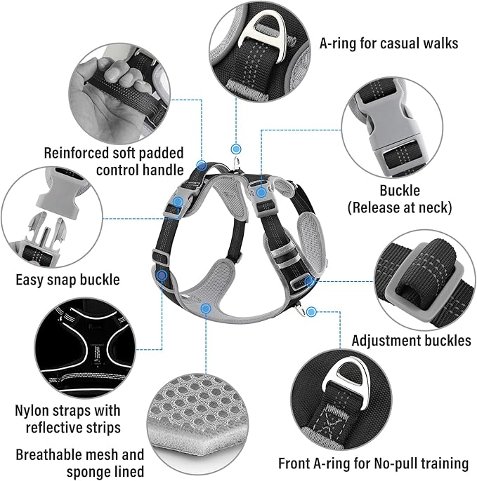 Plutus Pet No Pull Dog Harness, Release at Neck, Reflective Adjustable Dog Vest Harness, Easy Control Handle for Walking, for Small Medium Large Dogs, Black, M