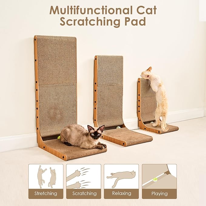 EHEYCIGA Cardboard Cat Scratcher for Indoor Kitten Cats, 19 Inch L Shaped Vertical Cat Scratching Board with Ball Cat Toy, Small Cat Scratcher Pad, Brown