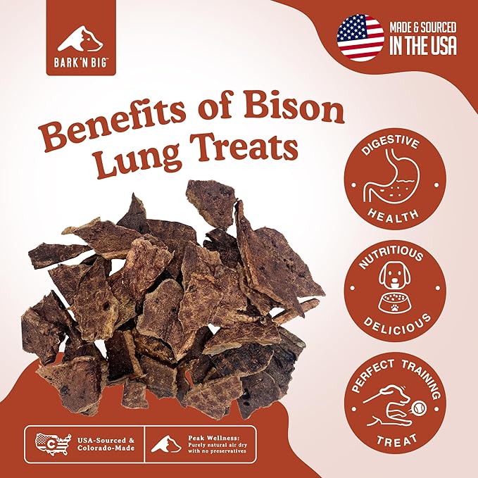 BARK'N BIG Bison Dog Treats - Single Ingredient Lung Dog Treats - Made & Sourced in USA - Dehydrated Bison, High Protein, Low Fat, Easily Digestible for Dogs with Sensitive Stomachs - 5 oz