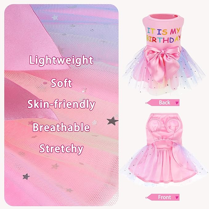 PUPTECK Print Dog Dress Pet Apparel for Birthday with Cute Bowtie Puppy Clothes Outfit, L