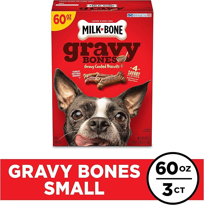 Milk-Bone Gravy Bones Dog Treats with 4 Savory Meat Flavors Coated in Gravy, 60 Ounce (Pack of 3)