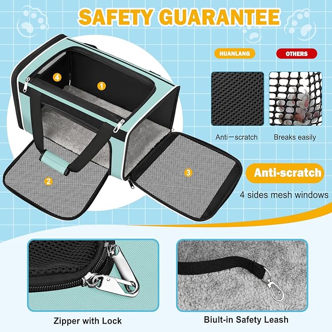 HUANLANG Soft-Sided Cat Carrier Airline Approved,Dog Carriers for Small Dogs Medium Cats,Pet Travel Carrier Up to 15 Lbs,Collapsible Cat Bag