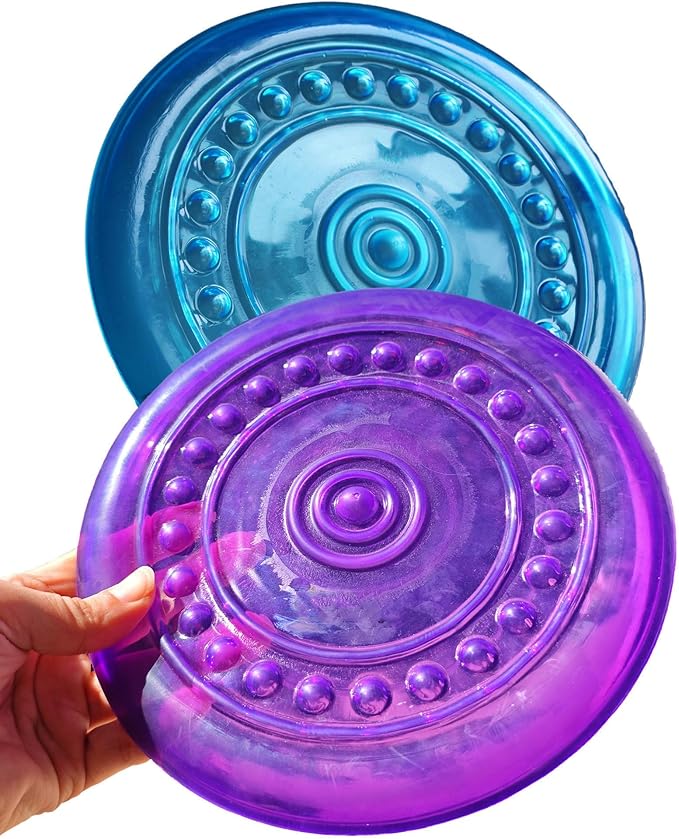 Dog Flying Discs Soft Teeth Cleanning Chew Toys,Rubber Material, Durable, Indestructible,2 Pack,18.5cm,90g,Blue and Purple Colors for Puppies Small Medium Dog Outdoor Training.