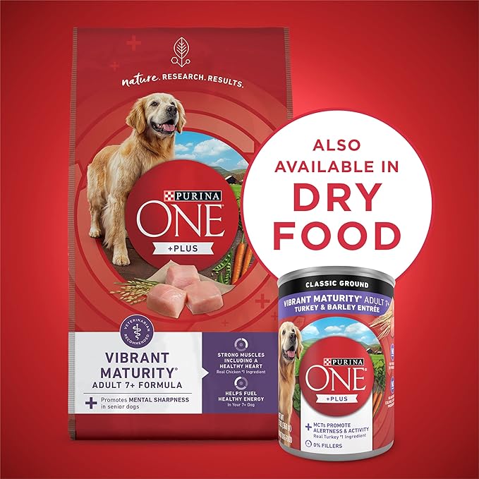 Purina ONE Plus Classic Ground Vibrant Maturity Adult 7 Plus Turkey And Barley Entree Senior Dog Food - (Pack of 12) 13 oz. Cans
