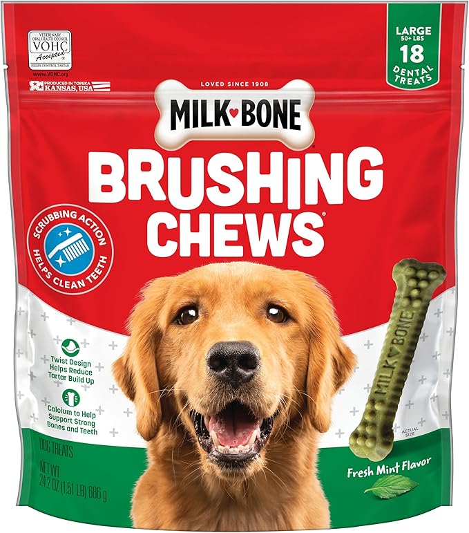 Milk-Bone Fresh Breath Brushing Chews, 18 Large Daily Dental Dog Treats Scrubbing Action Helps Clean Teeth