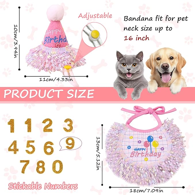 Dog Birthday Party Supplies, Dog Birthday Bandana Set,Bling Boy Girl Party Hat with Numbers for Puppy Large Medium Small Pet (Silver Set, Small)