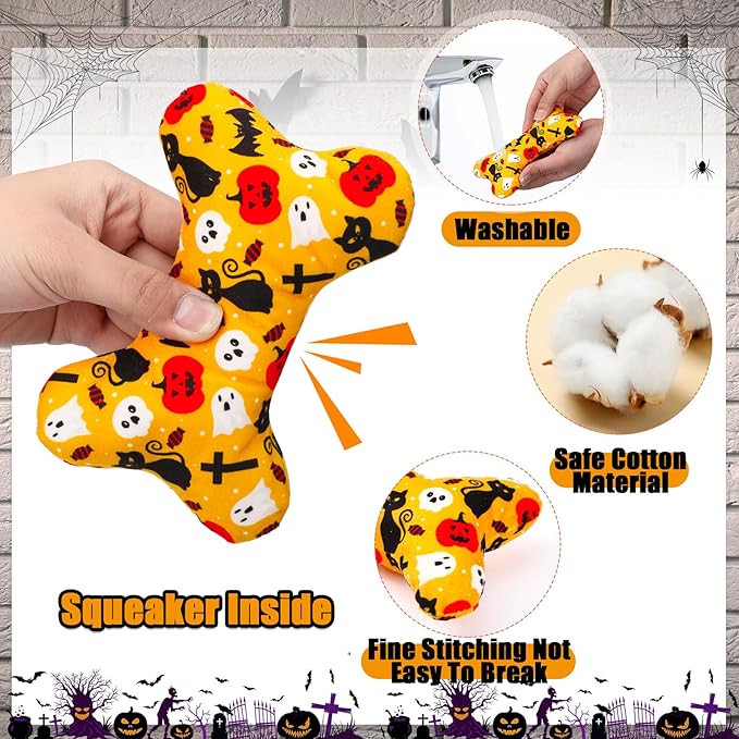 6 Pack Halloween Dog Squeaky Bone Toys Halloween Plush Interactive Dog Pets Birthday Bone Shape Stuffed Chew Toys for Puppy Small Medium Large Squeak Toss Play