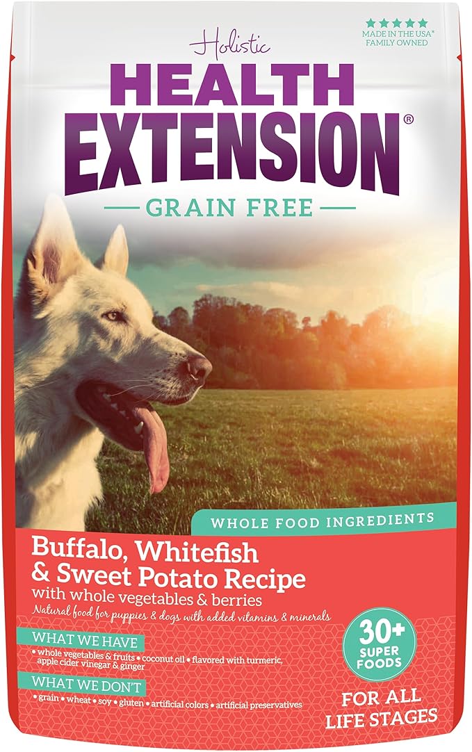 Health Extension Grain Free Buffalo & Whitefish Dry Dog Food (23.5 lb / 10.43 kg) - Whole Foods Ingredients Formula with Omega 3 & Antioxidants for All Life Stages Dogs