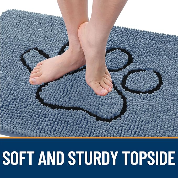 OLANLY Dog Door Mat for Muddy Paws 30x20, Paw Print Design, Absorbs Moisture and Dirt, Non-Slip Washable Doormat, Quick Dry Chenille Mud Mat, Entry Indoor Entryway Carpet, Airy Blue and Black