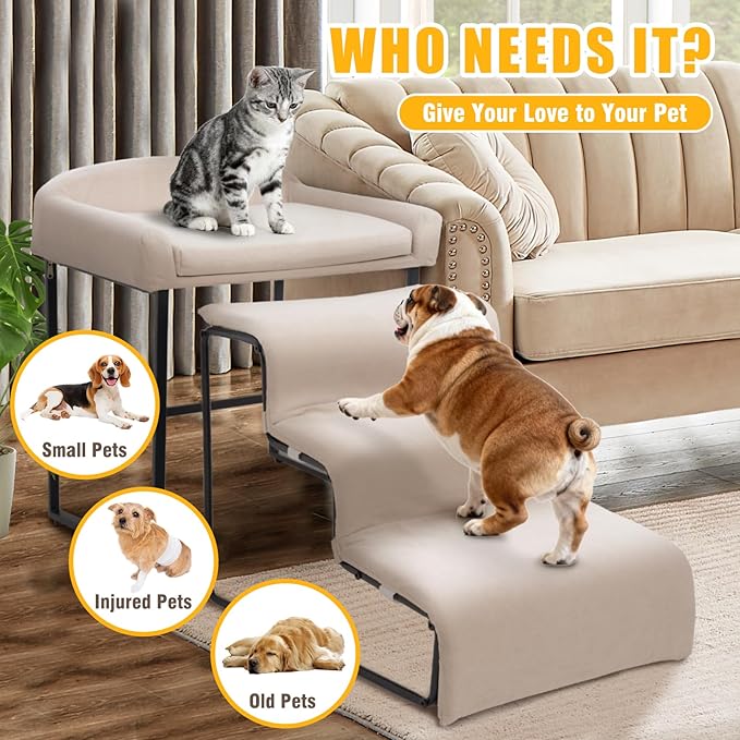 Dog Stairs with Beside Pet Bed Set for Window Bed Sofa Sturdy Metal Frame with Soft Cushion 3 Stairs Dog Steps and Window Perch for Small Pets (with Pet Bed)