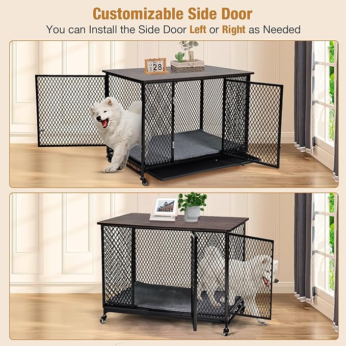 Dog Crate Furniture with Cushion, Wooden Dog Crate Table, Modern Kennel for Dogs Indoor, Heavy-Duty Dog Cage with Multi-Purpose Removable Tray, 38.7" L