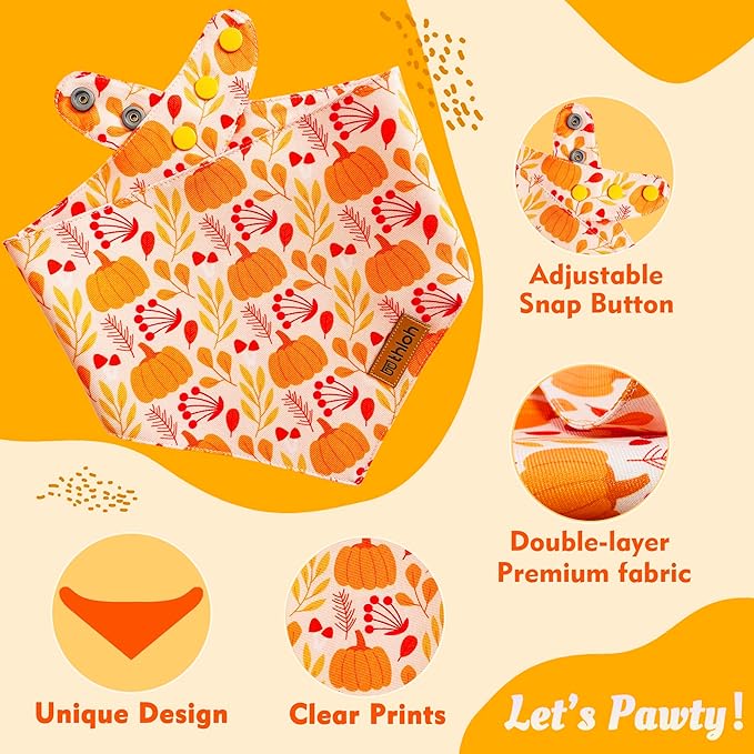 Fall Dog Bandanas - 2 Pack Thanksgiving Dog Bandana with Snap Button | Reversible Pumpkin Pet Scarf for Boy & Girl | Premium Durable Fabric | Holiday Bandana for Medium and Large Dogs (Large)