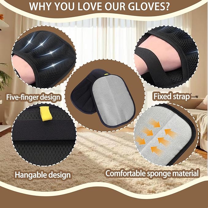 Pet Hair Remover Glove - Reusable Electrostatic Five-Finger Gloves for Cat/Dog Hair Removal on Furniture, Carpet & Clothes