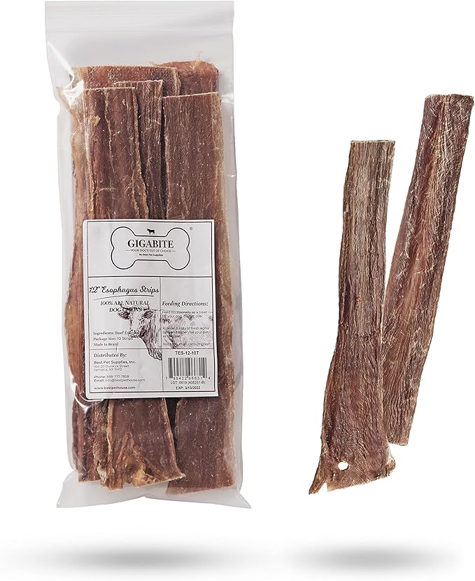 GigaBite Single Ingredient All Natural Free Range Bully Treats and Chews - Bully Sticks/Bladder Sticks/Beef Esophagus by Best Pet Supplies - Esophagus Strips (12 Inch), Pack of 10