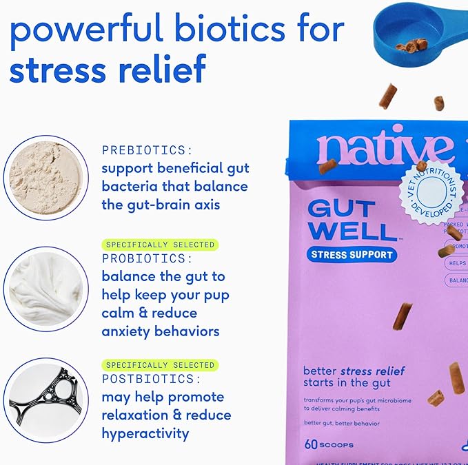 GutWell Stress Support - Dog Anxiety Relief & Calming Treats - Tasty Food Topper for Dog Stress and Anxiety Relief - Support Gut-Brain Axis with Triple-biotic Blend & Magnesium - 60 Scoops