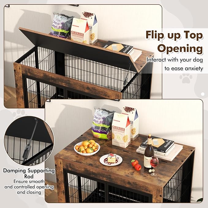 Giantex Dog Crate Furniture with Wheels, 38” Modern Dog Cage with 3 Doors, Flip Top Lid, Removable Pull-Out Tray, Decorative Dog Kennel Indoor Pet House End Table for Medium & Large Dogs (Brown)