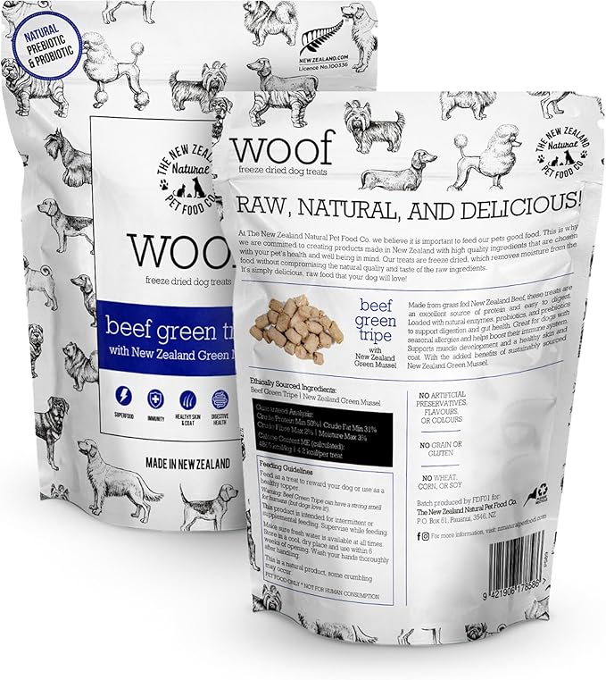 The New Zealand Natural Pet Food Co WOOF Freeze Dried Dog Treats - Beef Green Tripe, High Protein, Treats Small & for Large Dogs, Natural, Topper or Dog Treat, 1.4 oz