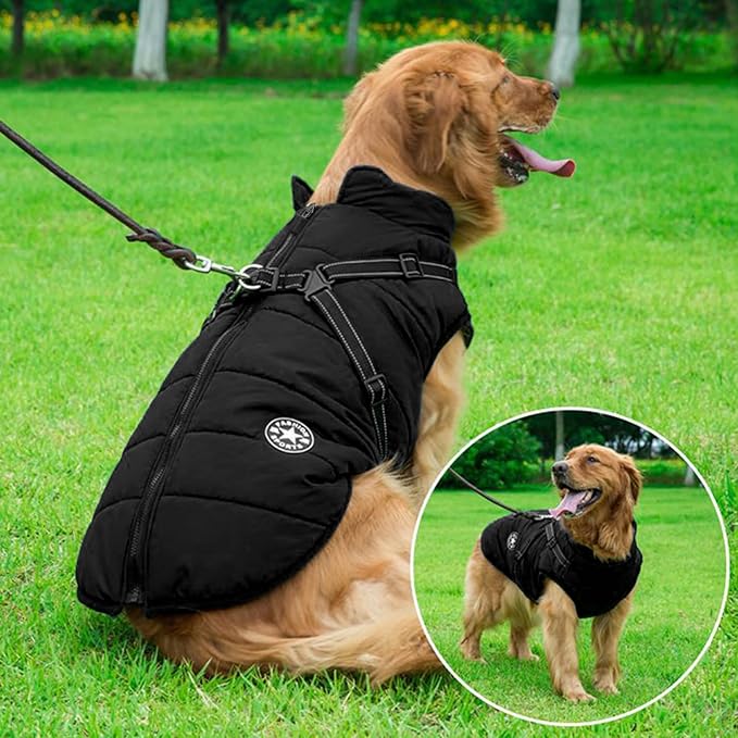 Aiboria Dog Coat for Winter Waterproof Dogs Jackets Windproof Fleece Small Dog Vest Harness Winter Padded Pet Black XXL