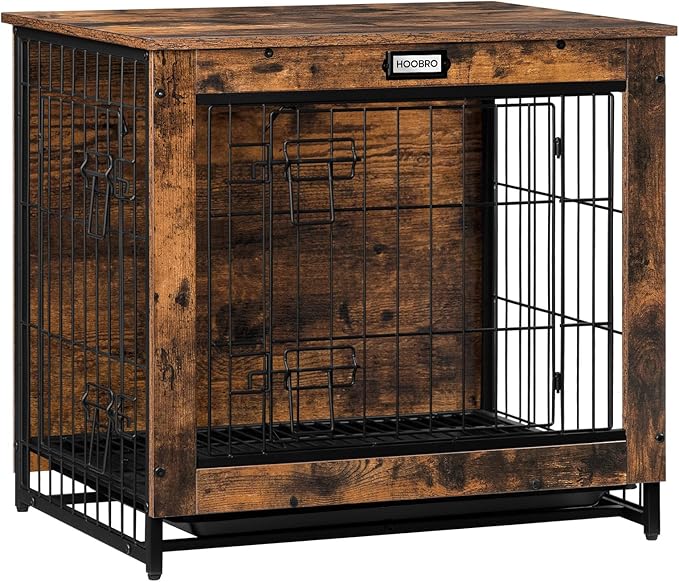 Dog Crate Furniture, 25.5" Small Dog Kennel Indoor, Wooden Cage with Pull-Out Tray, Double Doors Pet House Side End Table for Small/Medium Dogs, Rustic Brown BF642GW03G1