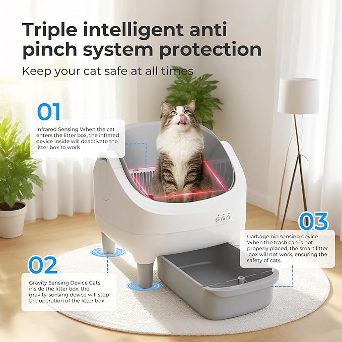 Automatic Litter Box, Open-Top Self Cleaning Litter Box for Kitten Cats, Electric Cat Box Self Cleaning with App Control, Smart Health Weight Monitor, Triple Safe Anti-Pinch