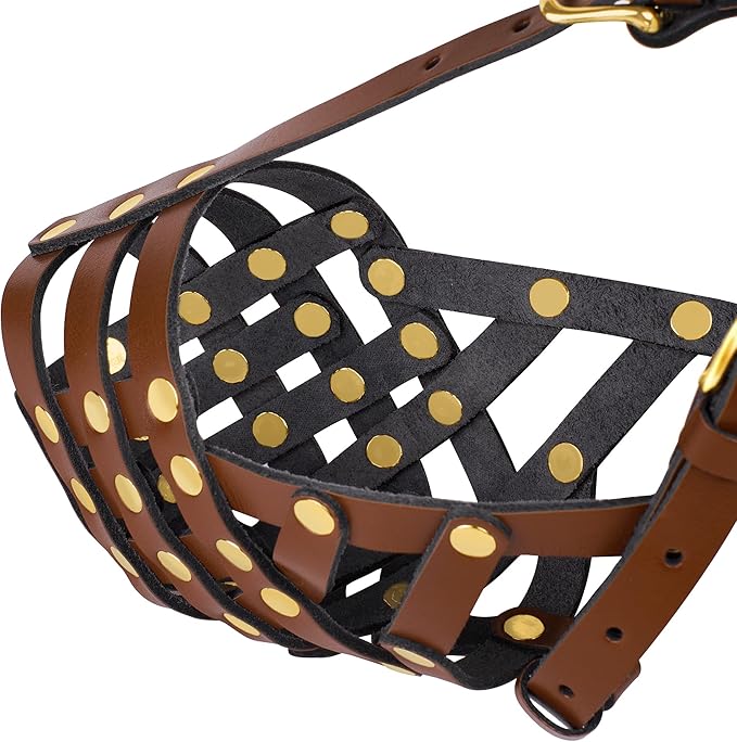 OOPSDOGGY Pitbull Dog Muzzle for Large Dogs - Leather Breathable Secure Basket Muzzle for Medium Large Breeds Prevents Biting No Chewing Amstaff Staffordshire Terrier (Brown, Size 4 - Pitbull)