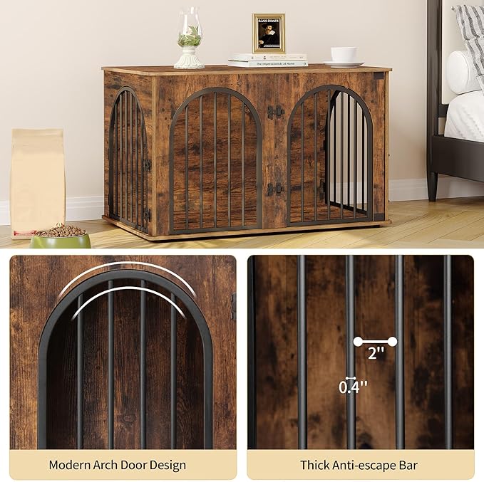 39.4" Wooden Dog Crate Furniture, Indoor Dog Kennel Dogs Cage for Small/Medium/Large Dogs, Heavy Duty Dog Crates Decorative Pet House End Side Table TV Stand, Rustic Brown DFC84101B