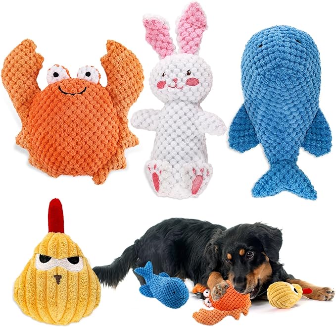 Adorable Plush Cats Squeaky Stuffed Toys Animal Chicken and Whale Soft Durable Set for Dog Birds Pets All Breed Chewers