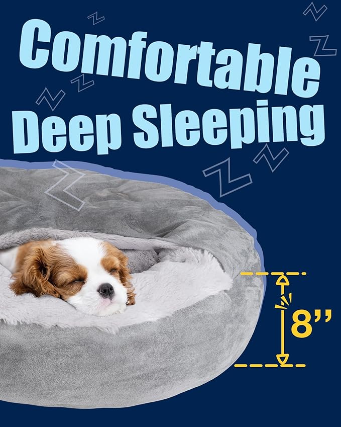 Pet Soft Small Dog & Cat Bed - Round Calming Cuddler with Cover & Cave - Washable for Small, Medium Dogs & Cats (Grey, 27")