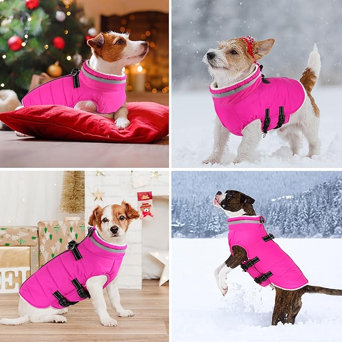 Dogcheer Dog Coat, Waterproof Dog Jacket with Harness, Reflective Adjustable Puppy Winter Coat with Zipper, Christmas Pet Snow Jacket Clothes for Small Medium Large Dogs - Pink M