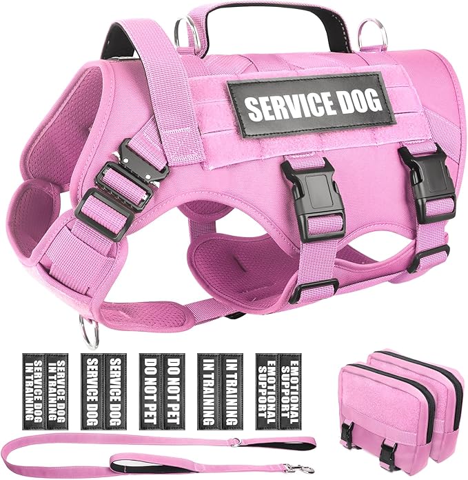 WINSEE Tactical Dog Harness with Dog Leash, Service Working MOLLE Vest with 10 Pet Patches for Dog, No Pull Military Harness and Backpack for Training Hunting Walking