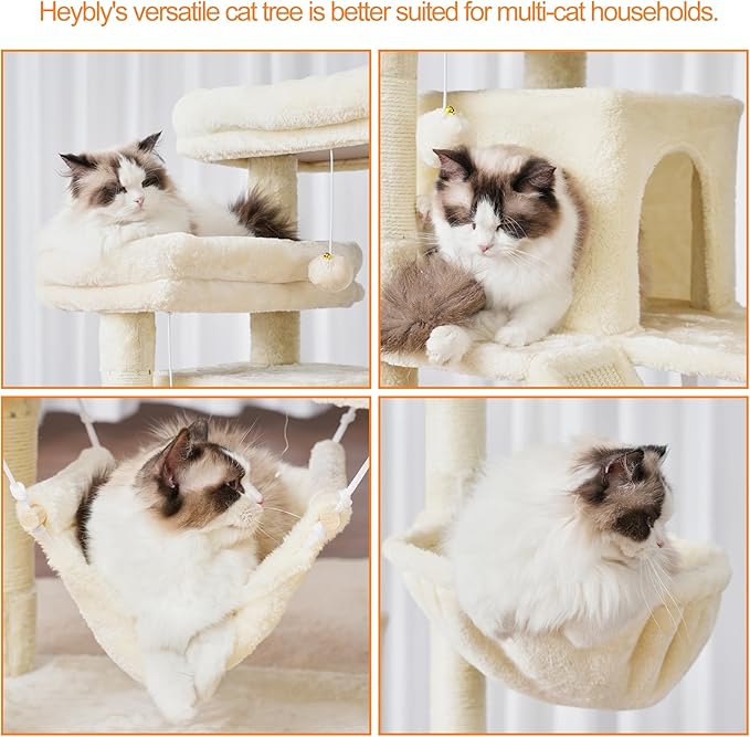 Heybly Cat Tree, 71-Inch-Tall Tower for Indoor Cats with 2 Perches, 2 Big Condos, 2 Hammocks, Basket, Scratching Pad, Large Cat Furniture and Condo, Beige HCT034M