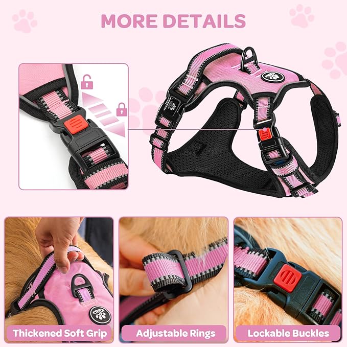 FURRYFECTION XL No Pull Dog Harness, Reflective Vest, Adjustable, Soft Padded, Front Lead, Leash, Seat Belt, Pink