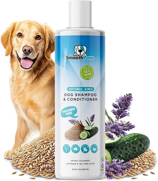 2-in-1 Natural Dog Shampoo & Conditioner – pH-Balanced for Dogs & Puppies | Gentle Oatmeal & Aloe Vera Formula for Sensitive Skin | Spiced Cucumber, Lavender & Tea Tree Scent | 16.9 oz | Smooth Paws
