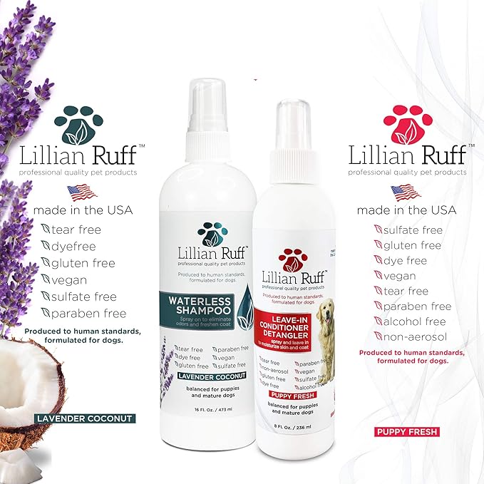 Lillian Ruff Waterless No-Rinse Dog Dry Shampoo Spray & Leave-in Dog Conditioner & Detangler - pH-Balanced for Dogs After-Bath No Rinse Hydrating Spray Set- Clean, Condition, Detangle & Deodorize